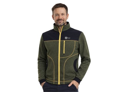 pánská svetrová mikina s kapsičkou, khaki, černá, hořčicové šití, model