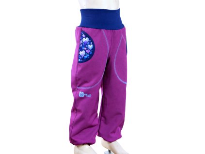 dívčí softshellové kalhoty, fialové, tm. modré lemy, srdce