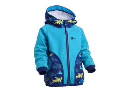 softshellová bunda pro kluky, tyrkysová, žraloci na modré, bok