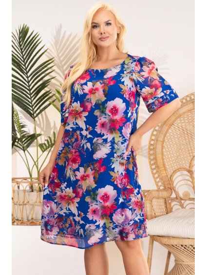 Jednoduché šifónové šaty s ozdobným rukávom pre moletky Nasta modré s ružovými kvetmi