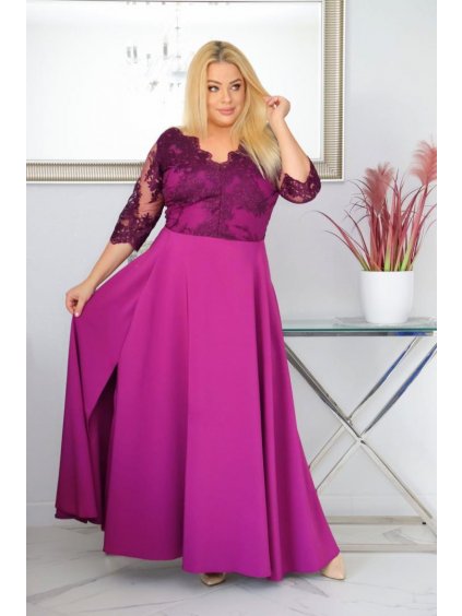 Dlhé spoločenské čipkované šaty s rozparkom pre moletky Claudie fialové