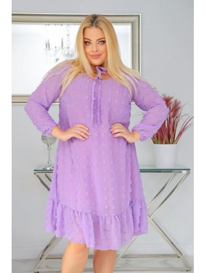 Krátke bodkované šifónové šaty s dlhým rukávom pre moletky Gabriela fialové