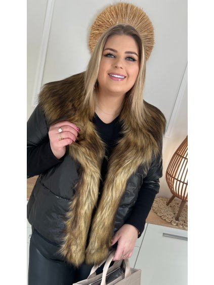 Krátka dámska zimná prešívaná bunda pre moletky Zarmenia čierna s hnedou kožušinou