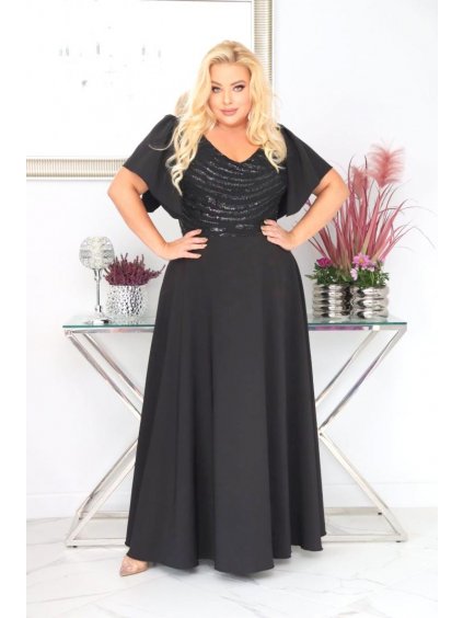 Dlhé spoločenské šaty s flitrami a s rozšírenou sukňou pre moletky Clementine čierne