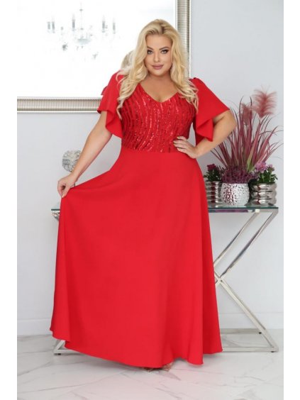 Dlhé spoločenské šaty s flitrami a s rozšírenou sukňou pre moletky Clementine červené