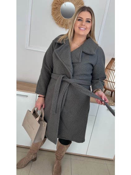 Teplý predĺžený dámsky oversize kabát s opaskom pre moletky Carly sivý