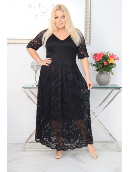 Dlhé čipkované spoločenské šaty pre moletky Eloise čierne kvetinová čipka