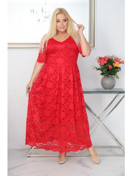Dlhé čipkované spoločenské šaty pre moletky Eloise červené kvetinová čipka