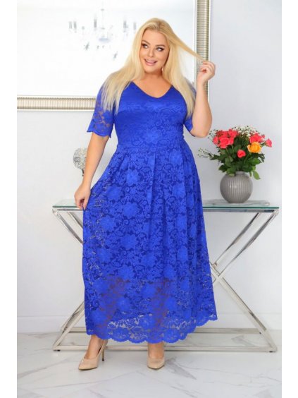 Dlhé čipkované spoločenské šaty pre moletky Eloise kráľovské modré kvetinová čipka