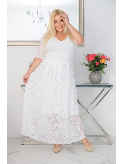 Dlhé čipkované spoločenské šaty pre moletky Eloise biele kvetinová čipka