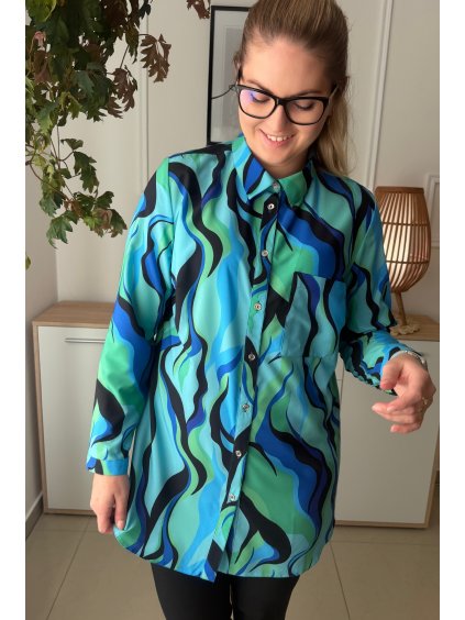 Dámska predĺžená košeľa s dlhým rukávom pre moletky Evans modrá vzorovaná