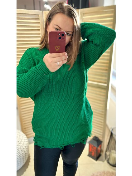 Teplý pletený predĺžený sveter pre moletky Roane zelený