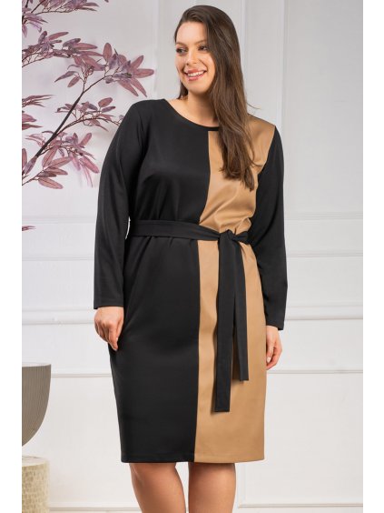 Dvojfarebné biznis šaty pre moletky Leslava čierne s béžovou koženkou