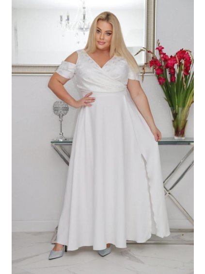 Dlhé spoločenské šaty s rozšírenou sukňou pre moletky Liliana biele