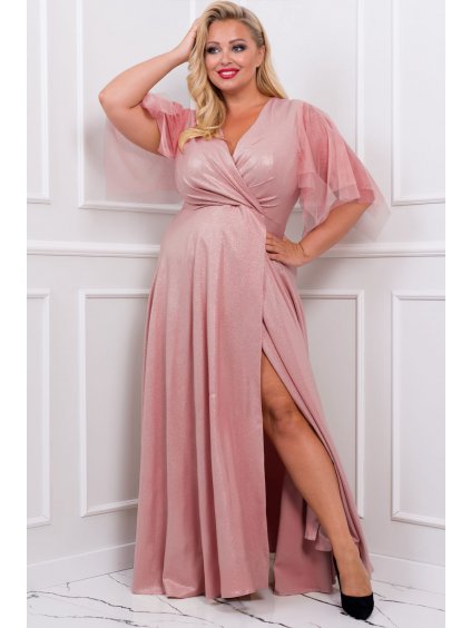 Dlhé spoločenské šaty s rozšírenou sukňou s rozparkom pre moletky Belita ružové trblietavé