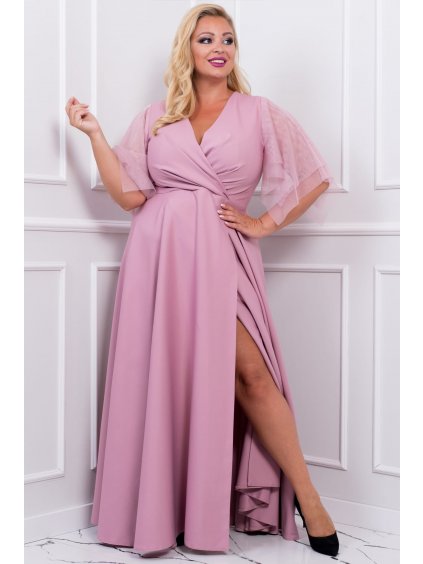 Dlhé spoločenské šaty s rozšírenou sukňou s rozparkom pre moletky Belita ružové