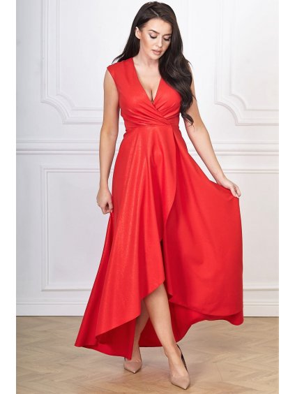 Asymetrické spoločenské šaty s rozšírenou sukňou aj pre moletky Carlita červené trblietavé
