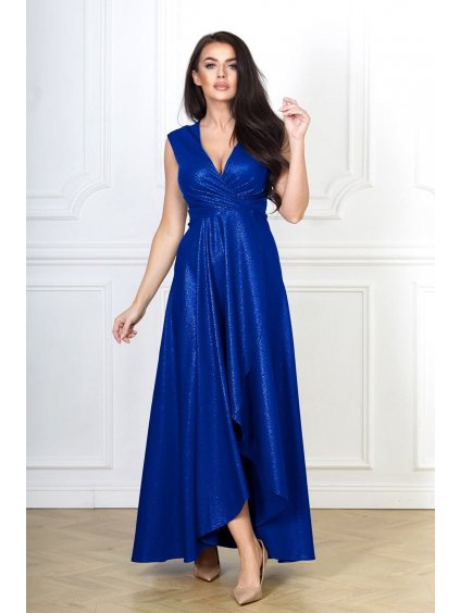 Asymetrické spoločenské šaty s rozšírenou sukňou aj pre moletky Carlita kráľovské modré trblietavé