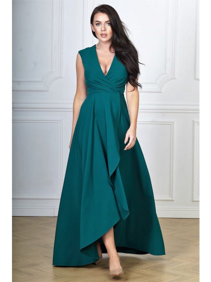 Asymetrické spoločenské šaty s rozšírenou sukňou aj pre moletky Carlita zelené