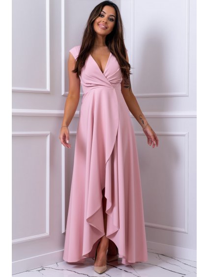 Asymetrické spoločenské šaty s rozšírenou sukňou aj pre moletky Carlita púdrovo ružové