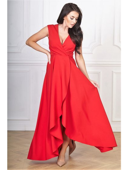 Asymetrické spoločenské šaty s rozšírenou sukňou aj pre moletky Carlita červené