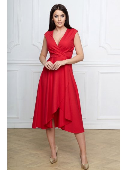Midi spoločenské šaty s obálkovým výstrihom aj pre moletky Bibine červené