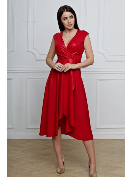 Midi spoločenské šaty s obálkovým výstrihom aj pre moletky Bibine červené trblietavé