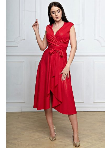 Midi spoločenské šaty s obálkovým výstrihom aj pre moletky Bibine svetločervené trblietavé