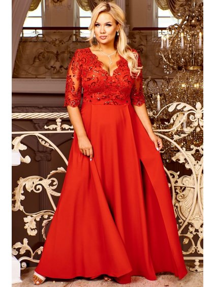 Dlhé spoločenské šaty s rozšírenou sukňou a 3/4 rukávom aj pre moletky Desideria červené gipiura čipka