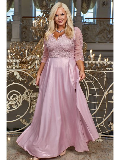 Dlhé spoločenské šaty s rozšírenou sukňou a 3/4 rukávom aj pre moletky Aldana pastelovo ružové trblietavé