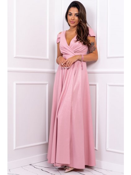 Dlhé spoločenské šaty s obálkovým výstrihom pre moletky Gabika pastelovo ružové trblietavé