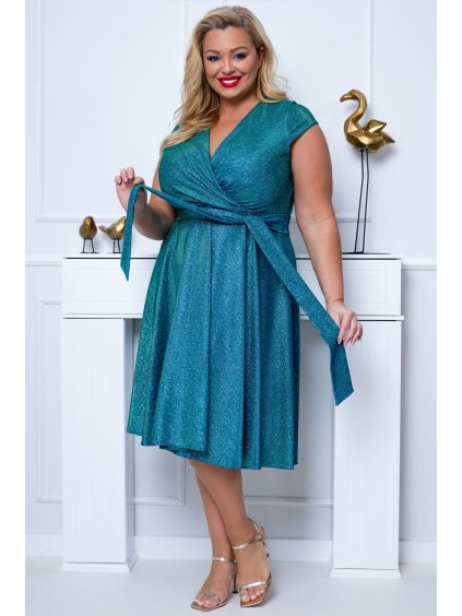 Krátke spoločenské šaty so zaväzovaním pre moletky Nicol tyrkysovozelené extra trblietavé