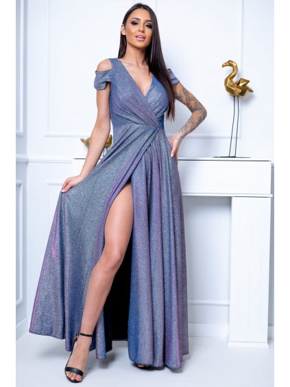 Dlhé spoločenské šaty s obálkovým výstrihom aj pre moletky Gabika fialové extra trblietavé