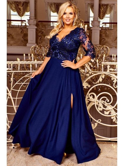 NA SKLADE Dlhé spoločenské šaty s rozšírenou sukňou a 3/4 rukávom aj pre moletky Desideria tmavomodré gipiura čipka