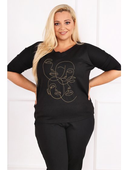 Pohodlné plus size tričko s 3/4 rukávom Kris čierne s béžovým vzorom