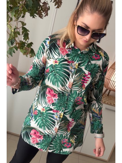 Bavlnená dámska košeľa s dlhým rukávom pre moletky Alise so zelenými listami