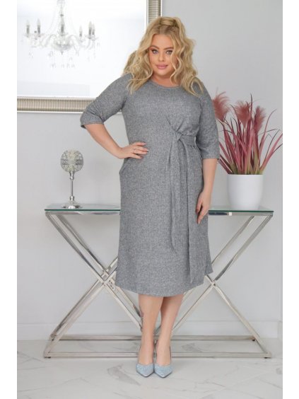 Midi šaty s 3/4 rukávom a zaväzovaním pre moletky Erina sivé melírované