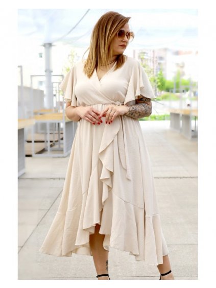 francesca elegancka sukienka z falbankami w kolorze bezowym