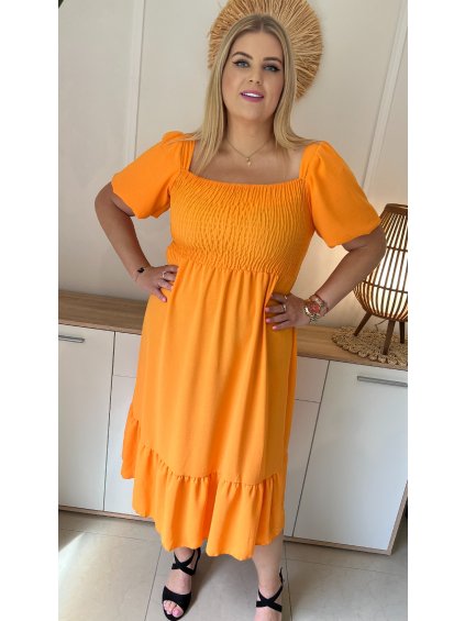 ZĽAVA Midi letné plus size šaty s volánom Fiona oranžové