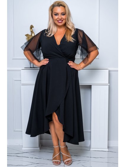 Midi spoločenské šaty s rozšírenou sukňou pre moletky Elenita čierne