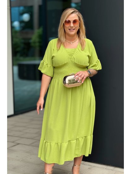 Midi letné plus size šaty s rozšírenou sukňou s volánom Giulia limetkové