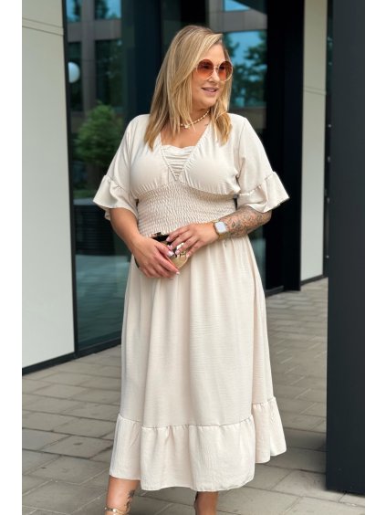 Midi letné plus size šaty s rozšírenou sukňou s volánom Giulia béžové