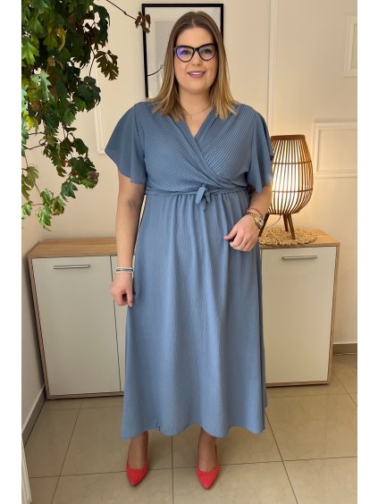 Midi šaty s rozšírenou sukňou s opaskom pre moletky Alea modré