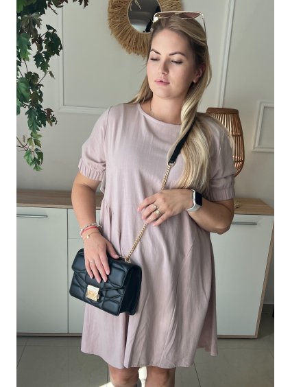 Pohodlné dámske ľanové plus size šaty Dakota púdrovo ružové