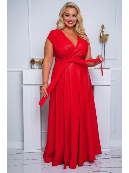 NA SKLADE Dlhé spoločenské šaty s obálkovým výstrihom aj pre moletky Celesta červené trblietavé