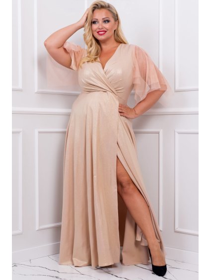 NA SKLADE Dlhé spoločenské šaty s rozšírenou sukňou s rozparkom pre moletky Belita zlaté trblietavé