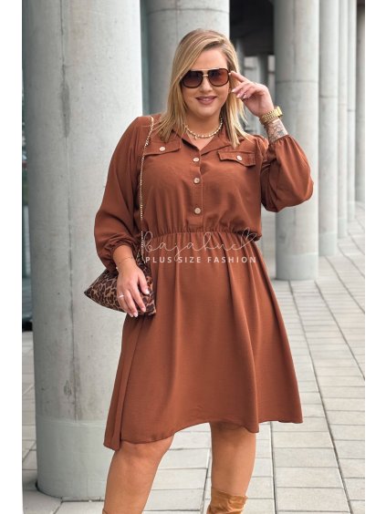 Dámske košeľové plus size šaty s dlhým rukávom Casera karamelové