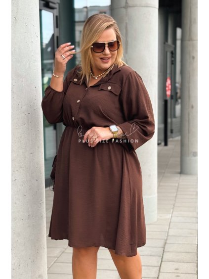 Dámske košeľové plus size šaty s dlhým rukávom Casera hnedé