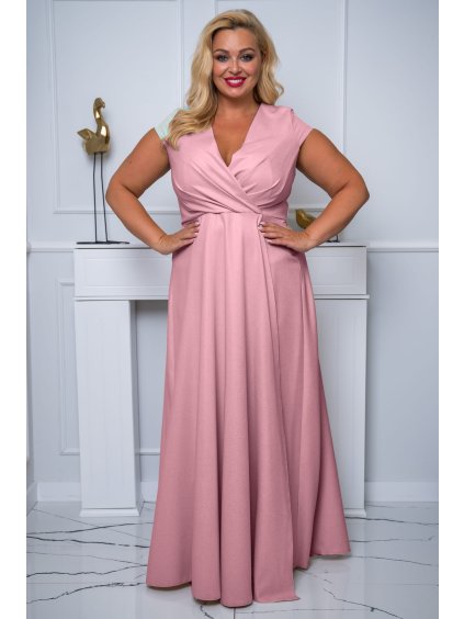 NA SKLADE Dlhé spoločenské šaty s obálkovým výstrihom aj pre moletky Celesta pastelovo ružové lesklé
