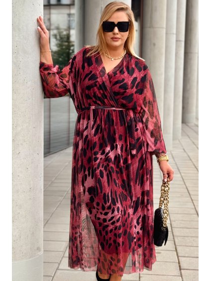 Dámske midi šaty s dlhým rukávom pre moletky Ursula ružové s leopardím vzorom